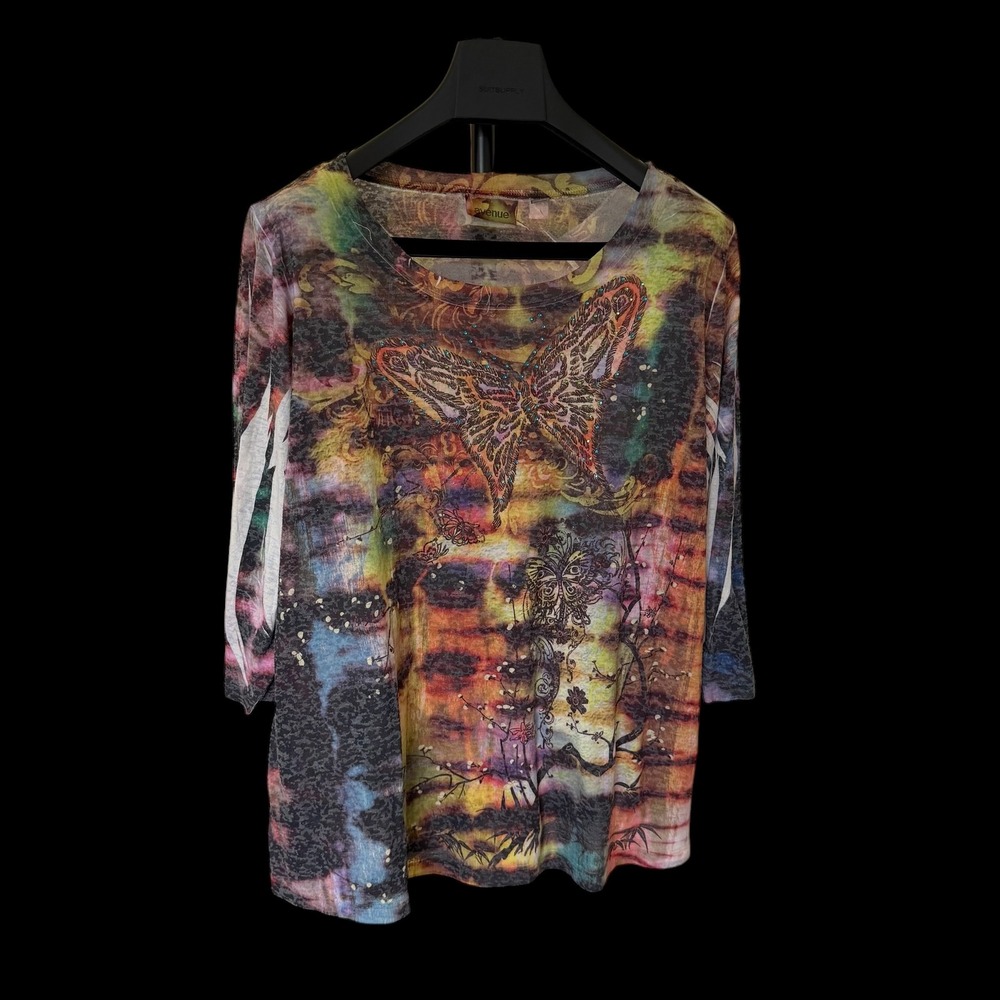 Boho Avenue Multi Color Butterfly Print Cold Shoulder 3/4 Sleeve Top 18/20
